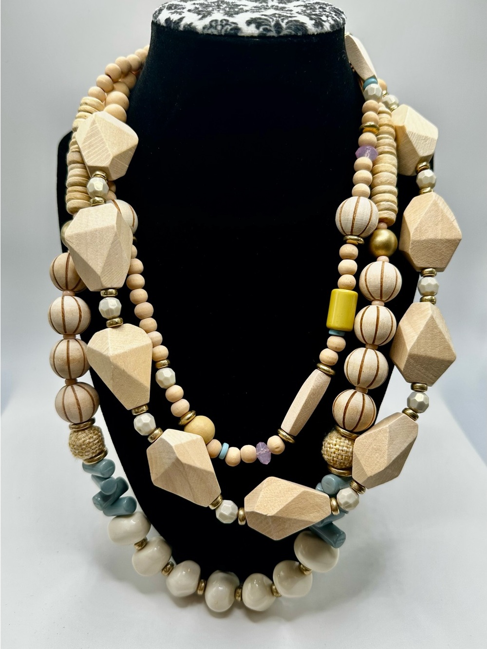PLUNDER Natural Wood and Bead Multi-Strand Statement Casual Necklace - Natural